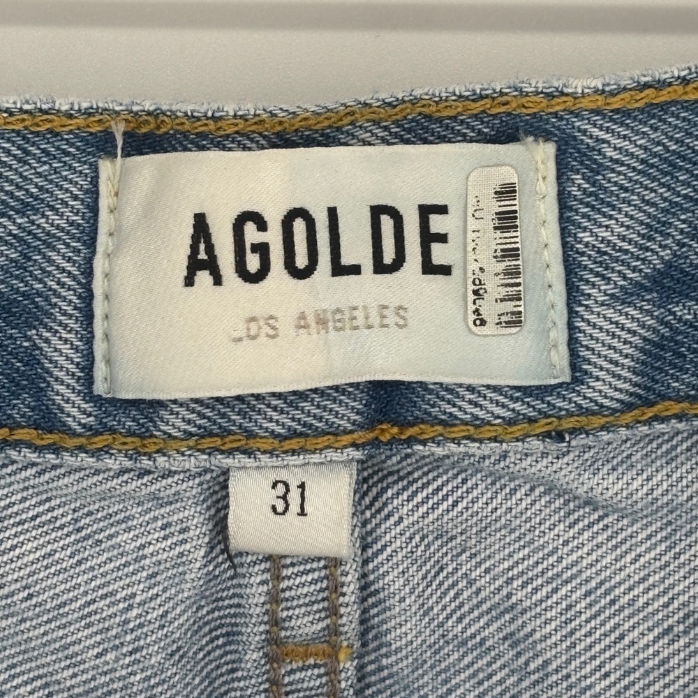 Agolde Parker Long Denim Shorts Swapmeet Light Blue Wash Women Size 31 Raw Hem - Picture 4 of 15